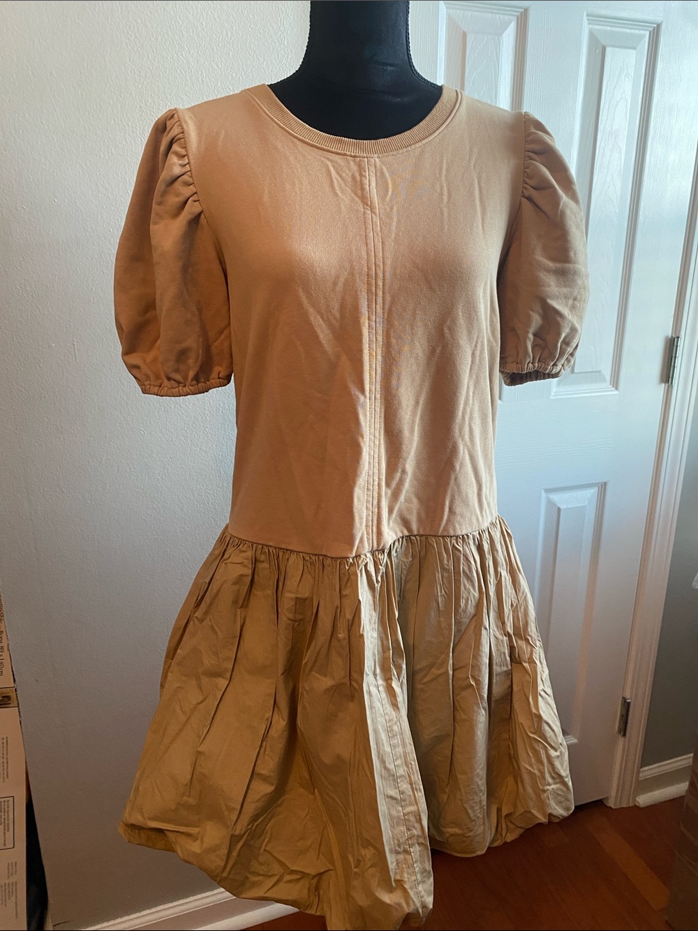 English Factory Puff-Sleeve Drop-Waist Midi Dress in Camel